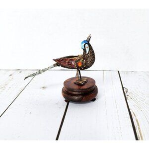 Chinese Export Jeweled, Sterling Silver, & Enameled Small Bird on Wood Stand